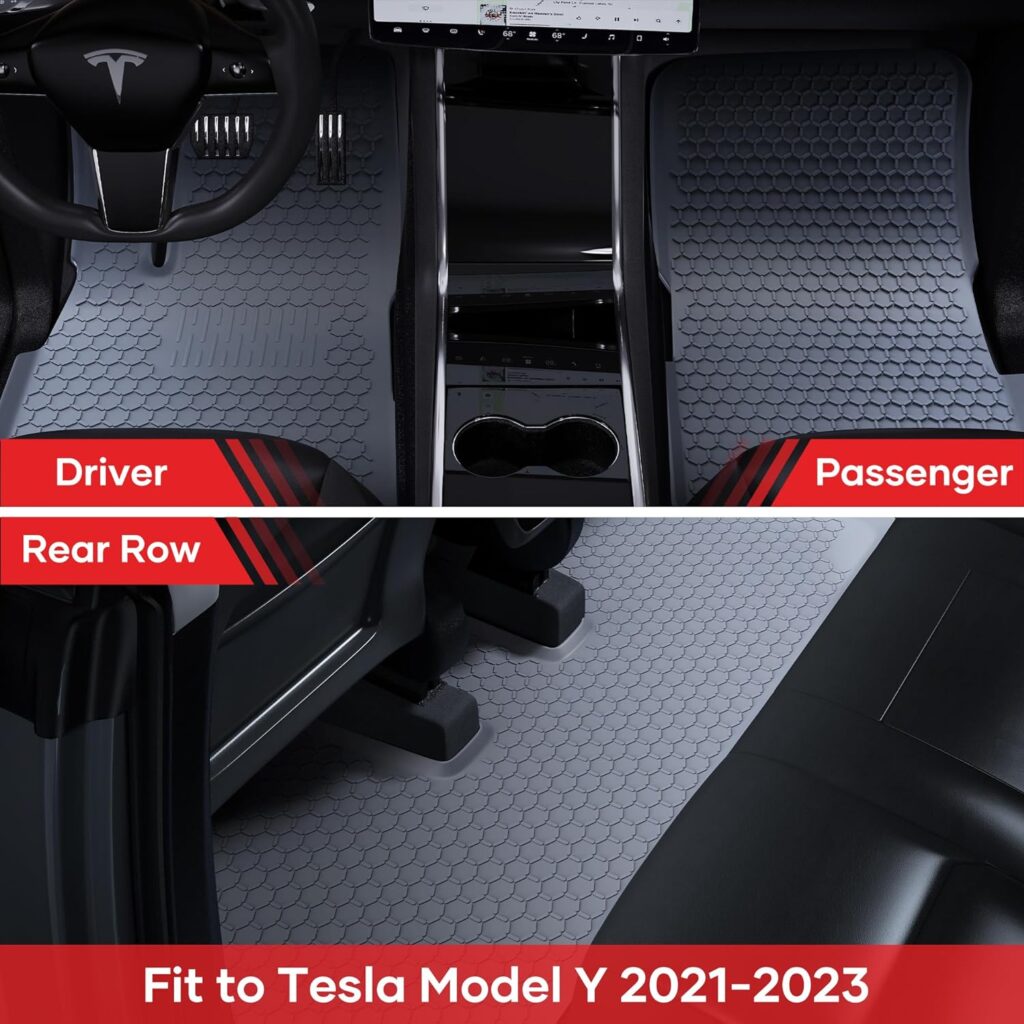 APPS2CAR Tesla Model Y Floor Mats, Silicone Model Y 2023 Floor Mats, All Weather Waterproof Heavy Duty Car Interior Silicone Rubber Floor Mats for Tesla Model Y 2023 2022 2021 (3-Piece Set, Gray)