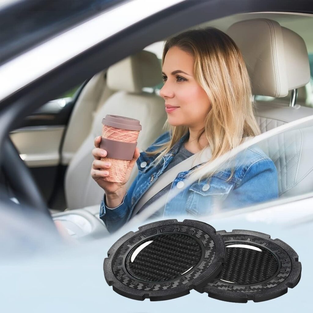 AUCELI 2 PCS Car Cup Holders, 2.75 Inch Carbon Fiber Coasters, Non-Slip Bottle Pad Embedded in Cup Mat, Durable Insert Drink Coaster, Universal Vehicle Interior Accessories (Black/StyleB)