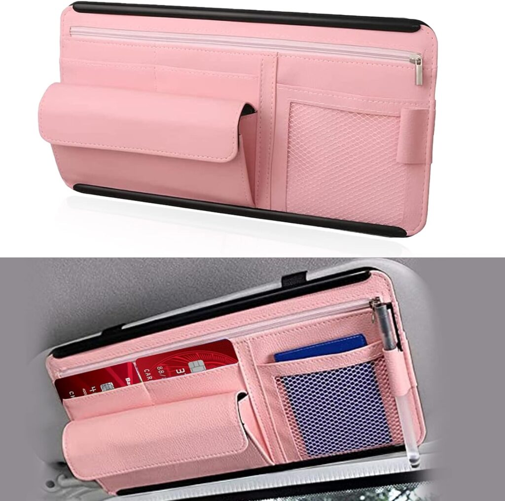 Car Sun Visor Organizer, Vehicle Sunshade Glasses Case Storage Bag with Multi-Pocket Net Zipper, Auto Interior Accessories Pocket Organizers, Auto Car Visor Pocket and Interior Accessories (Pink)