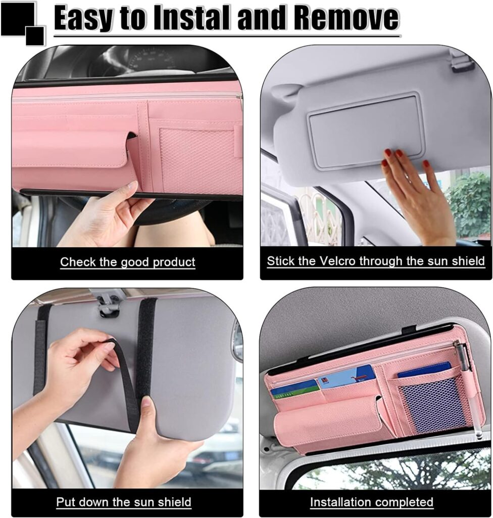 Car Sun Visor Organizer, Vehicle Sunshade Glasses Case Storage Bag with Multi-Pocket Net Zipper, Auto Interior Accessories Pocket Organizers, Auto Car Visor Pocket and Interior Accessories (Pink)