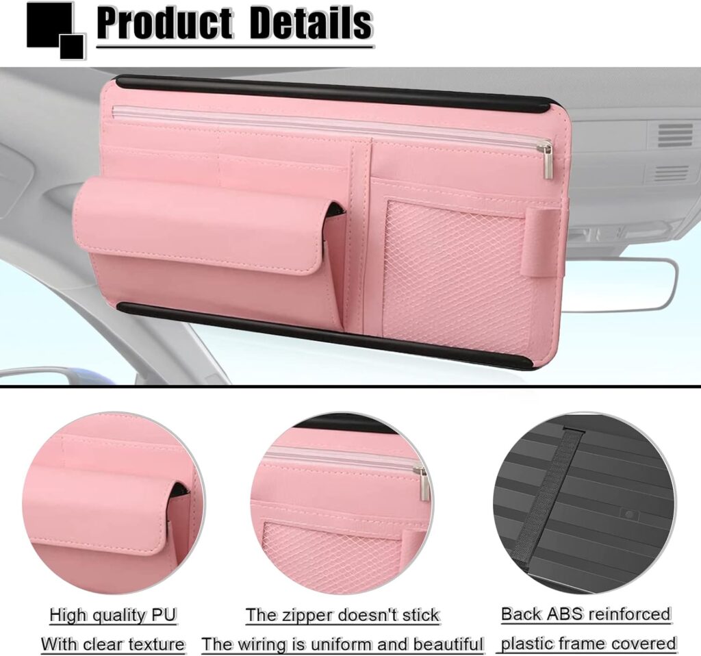 Car Sun Visor Organizer, Vehicle Sunshade Glasses Case Storage Bag with Multi-Pocket Net Zipper, Auto Interior Accessories Pocket Organizers, Auto Car Visor Pocket and Interior Accessories (Pink)