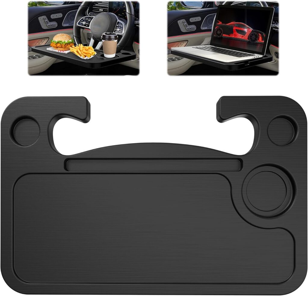 CK Formula Black Food Tray for Car, Truck, SUV - With Pen  Cup Holder Slots, Hook On Steering Wheel for Travel, Food, Drink, Workstation with Laptop  Tablet, Automotive Interior Accessories, 1 Piece