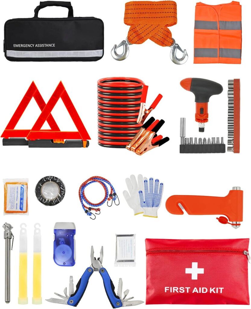 itanso 112 pcs Roadside Car Emergency Set, Safety Assistance Tool Kit, Including Jumper Cables, Tow Strap Ropes, Reflective Safety Warning Triangle  Vest, Glass Breaker Hammer (Black Bag)