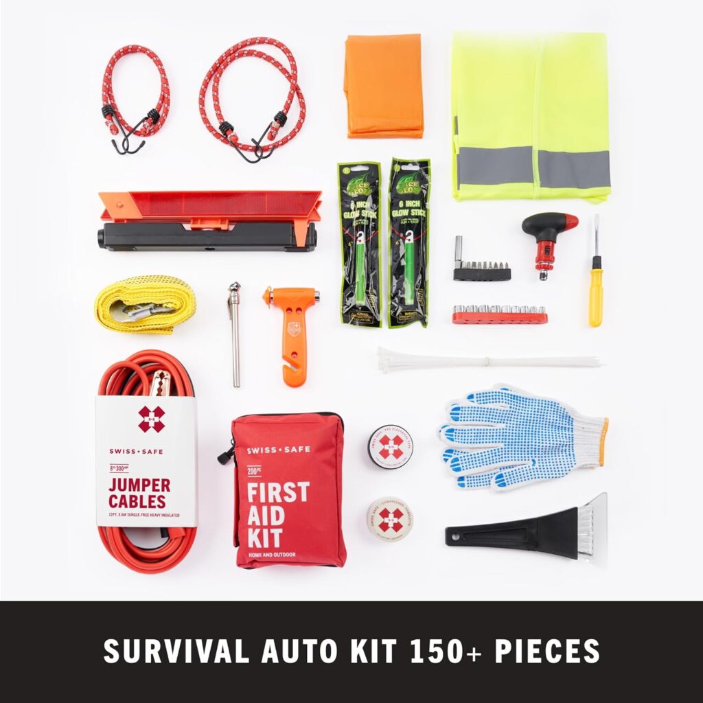 Swiss Safe Automotive Emergency Car Kit with Road Trip Must Haves Including 200 Pc Car First Aid Kit, Jumper Cables, Tow Rope, and More.