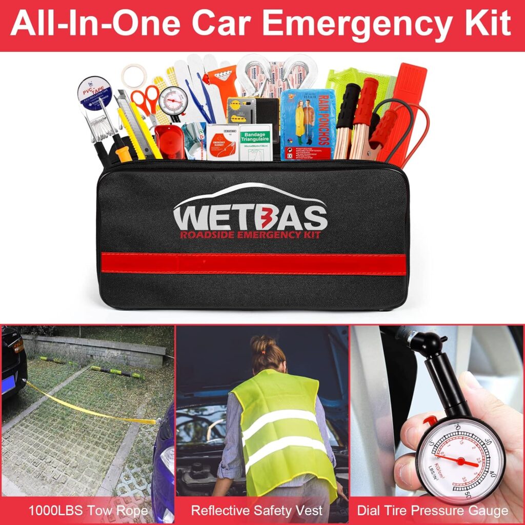 WETBAS Roadside Emergency Kit for Car, Vehicle Auto Truck Safety Emergency Road Side Assistance Kits Essentials with Jumper Cables, Safety Hammer, Tow Rope, Reflective Warning Triangle