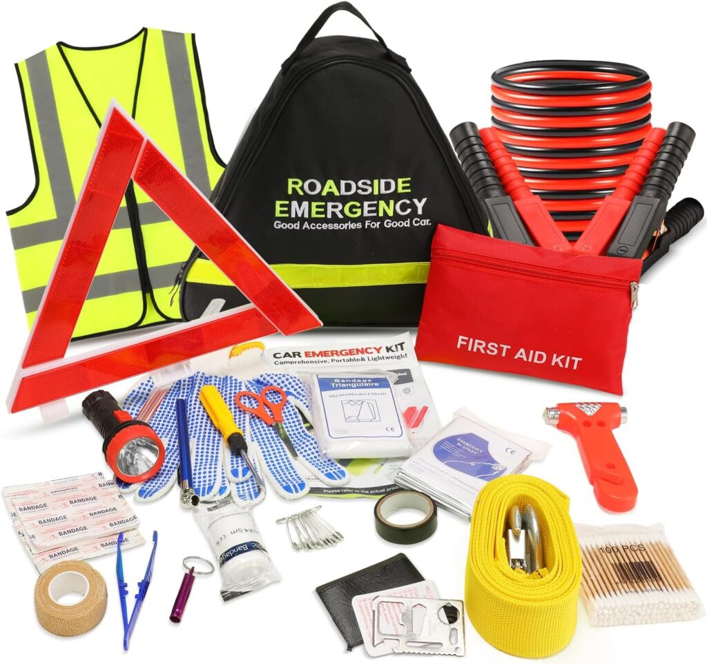 Adakiit Car Emergency Kit, 139 in 1 Multifunctional Roadside Assistance Auto Safety Kit, First Aid Kit, Jumper Cables, Tow Rope, Triangle, Flashlight, Safety Hammer, and More Survival Pack Accessories