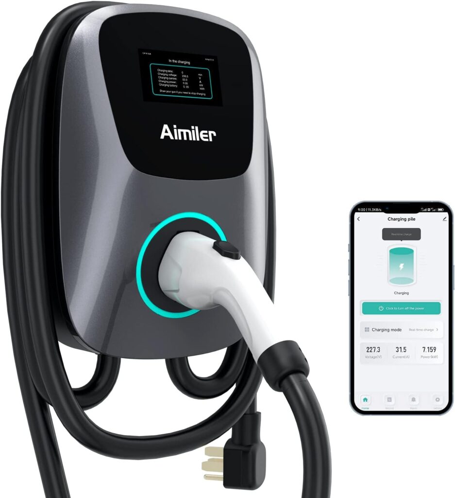 AIMILER EV Charger Level 2,48A 240V 11.5KW Smart Electric Vehicle with NEMA 14-50P,25ft-Cable ETL UL Listed Indoor/Outdoor Car Charging Station App,Wi-Fi Bluetooth Enabled EVSE,Black Grey(EC001A)