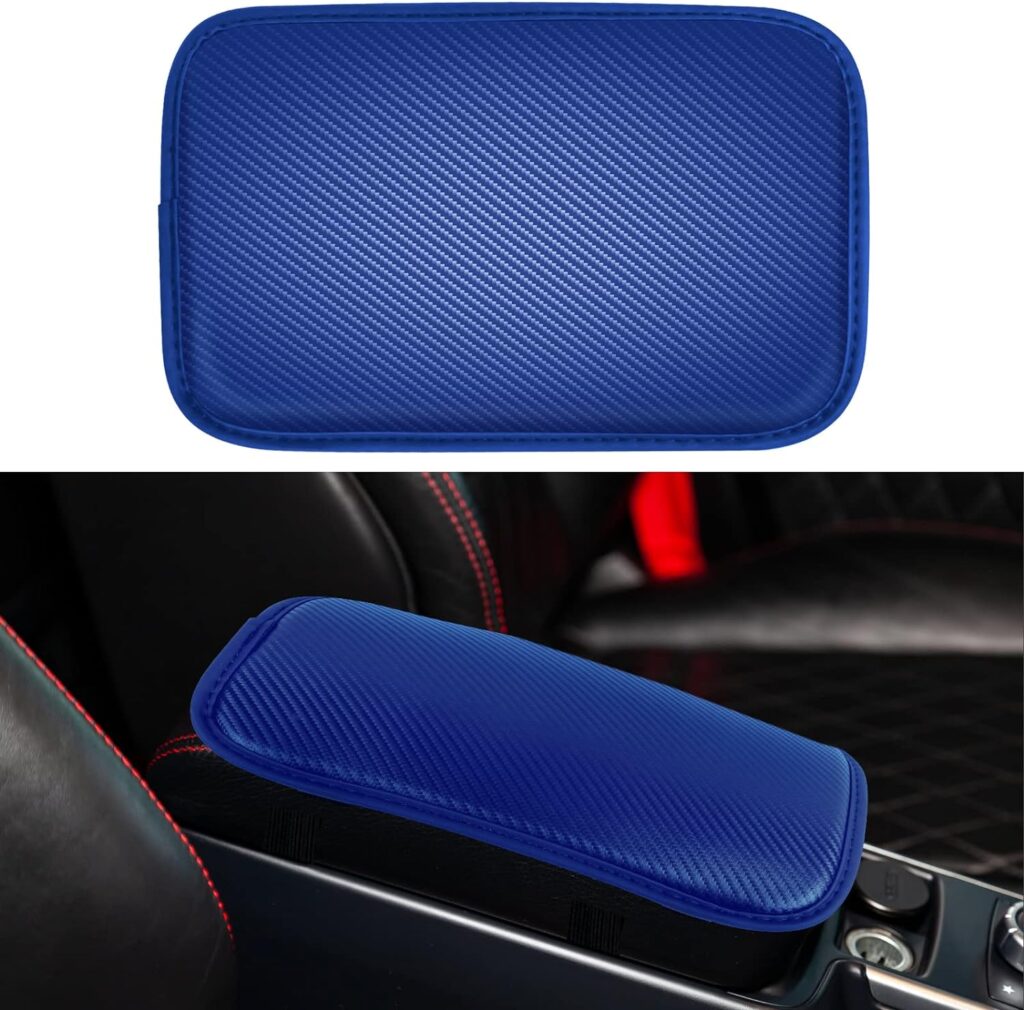 Amiss Car Center Console Pad, Universal Waterproof Car Armrest Seat Box Cover, Car Interior Accessories, Carbon Fiber PU Leather Auto Armrest Cover Protector for Most Vehicle, SUV, Truck, Car (Blue)