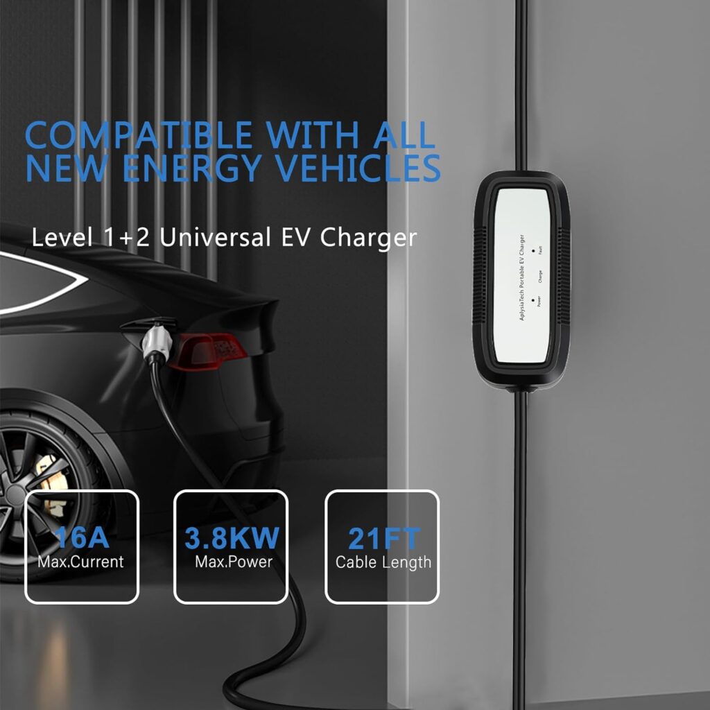 AplysiaTech Level 1+2 Portable EV Charger, 16 Amp 120V /240V, Electric Vehicle Charger with 21Ft Charging Cable NEMA 6-20 Plug NEMA 5-15P Adapter, Plug-in Home EV Charging Station for SAE J1772 EVs