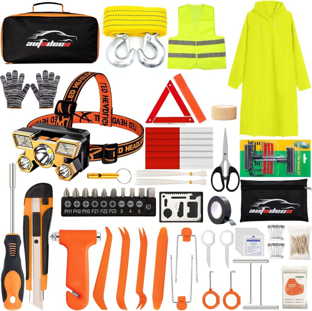 AUTODECO 126pcs Roadside Emergency Car Kit - Emergency Survival Kit Car Safety Kit