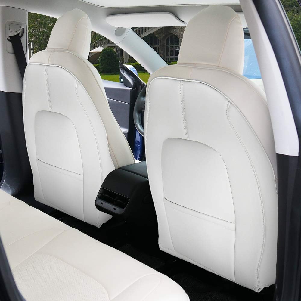 BASENOR Tesla Model 3/Y/S/X Leather Seat Back Kick Protector Backseat Kick Mats for Kids Extra Organizer Pocket Resistant Waterproof Scratchproof Resistance Protection Set of 2 White : Automotive