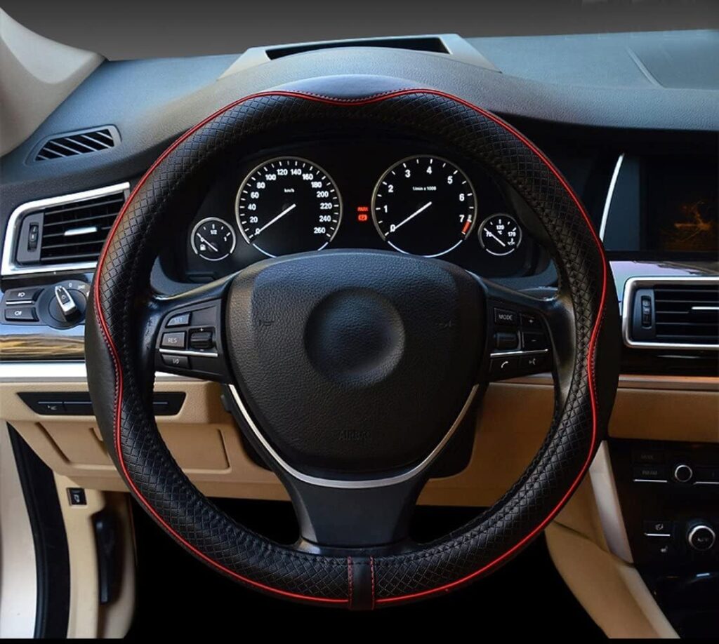 ESEWALAS Universal Car Steering Wheel Cover,Anti-Slip Leather Steering Wheel Cover,Sports Style Steering Wheel Protector,Car Interior Accessories Auto Steering Wheel Covers (Black with Red)