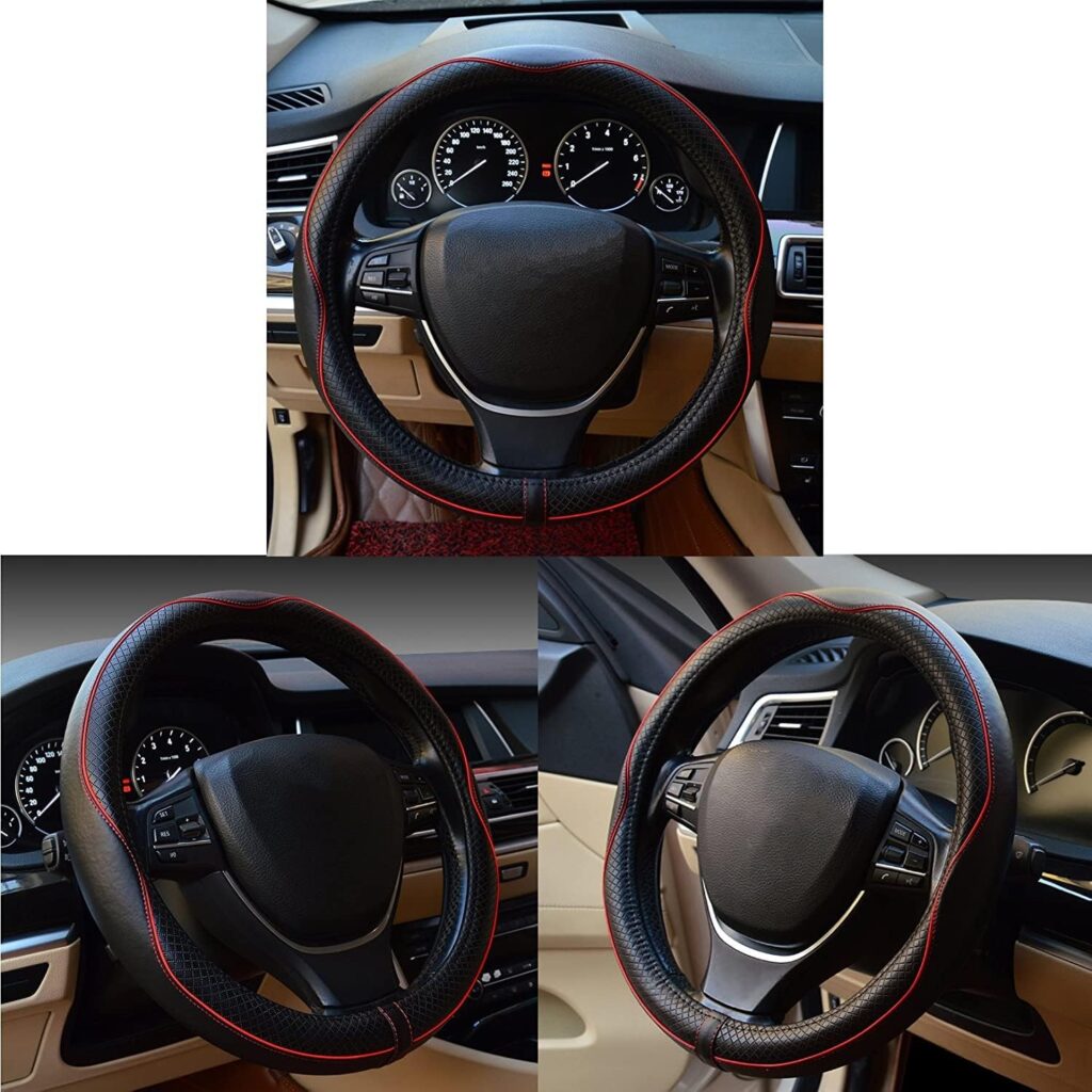 ESEWALAS Universal Car Steering Wheel Cover,Anti-Slip Leather Steering Wheel Cover,Sports Style Steering Wheel Protector,Car Interior Accessories Auto Steering Wheel Covers (Black with Red)