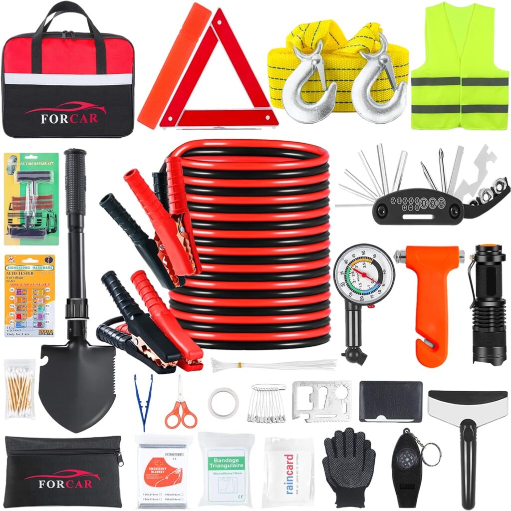 FORCAR Car Roadside Assistance Emergency Kit - Auto Vehicle Safety Road Side Assistance Kits with Jumper Cables, Tow Rope, First Aid Kit, Emergency All in One Tool, Winter Car Kit for Women and Men