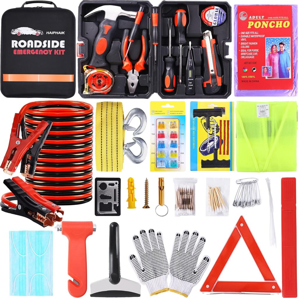 HAIPHAIK Car Roadside Assistance Emergency Kit- Car Jumper Cables Kit Emergency Roadside Kit for Car,Handheld Toolkit,Safety Hammer, Tow Rope,Warning Triangles