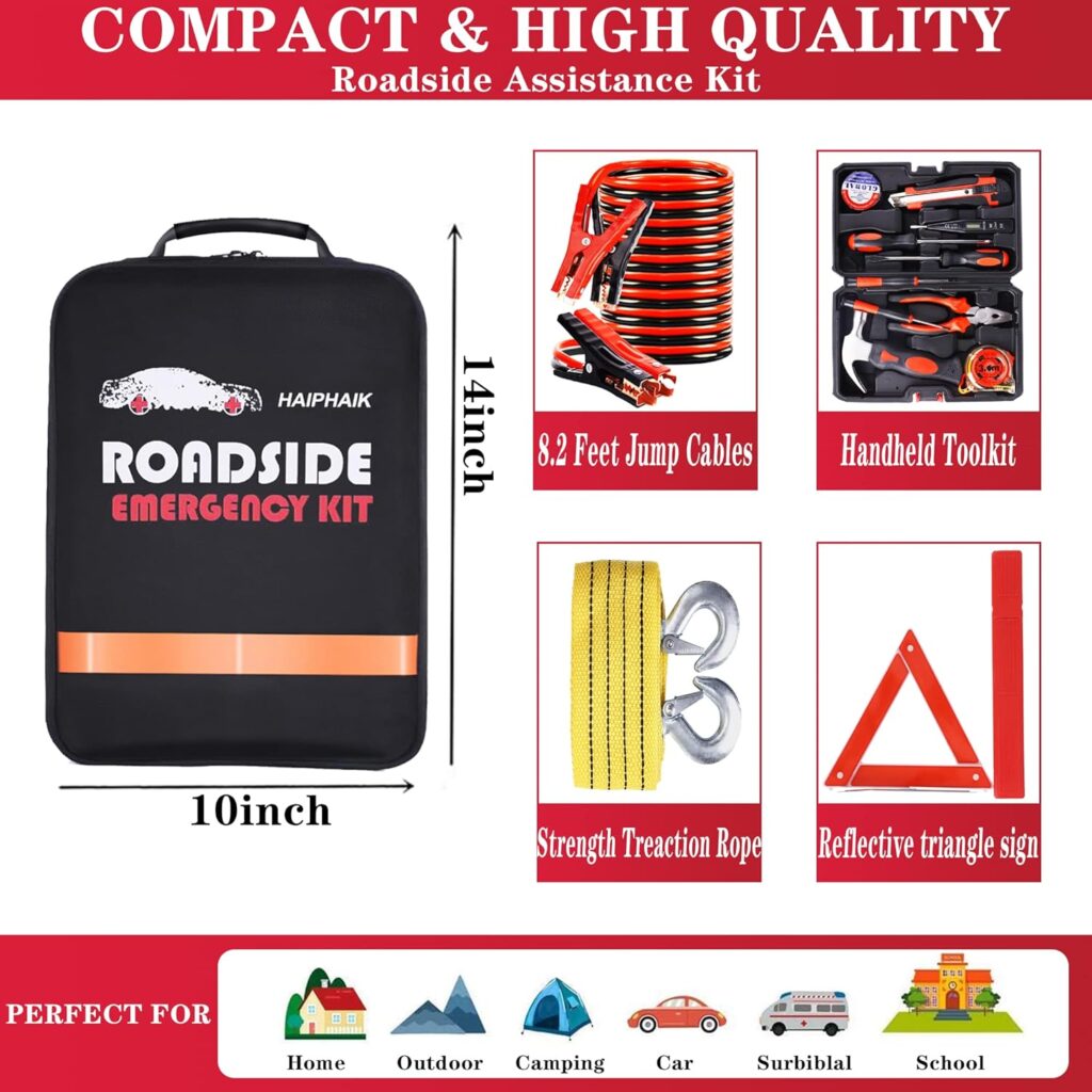 HAIPHAIK Car Roadside Assistance Emergency Kit- Car Jumper Cables Kit Emergency Roadside Kit for Car,Handheld Toolkit,Safety Hammer, Tow Rope,Warning Triangles