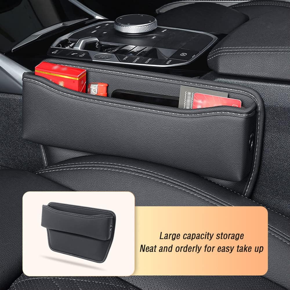 Large Capacity Car Seat Gap Filler with 2 Charge Hole - Microfiber Leather Seat Gap Organizer Storages Items  Keeps Car Quiet Tidy - Car Seat Storage Box for Phone,Key,Cigarette,Glasses (Black)