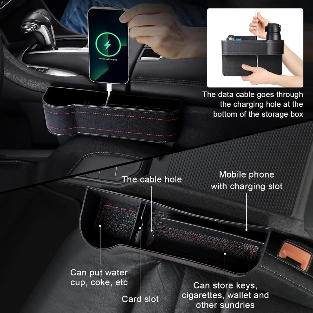 Ouzorp PU Leather Car Seat Gap Filler Organizer, Auto Console Side Storage Box, Car Organizer Front Seat for Holding Phone, Multifunctional Car Seat Organizer(Black 1PAIR+4 Hook)