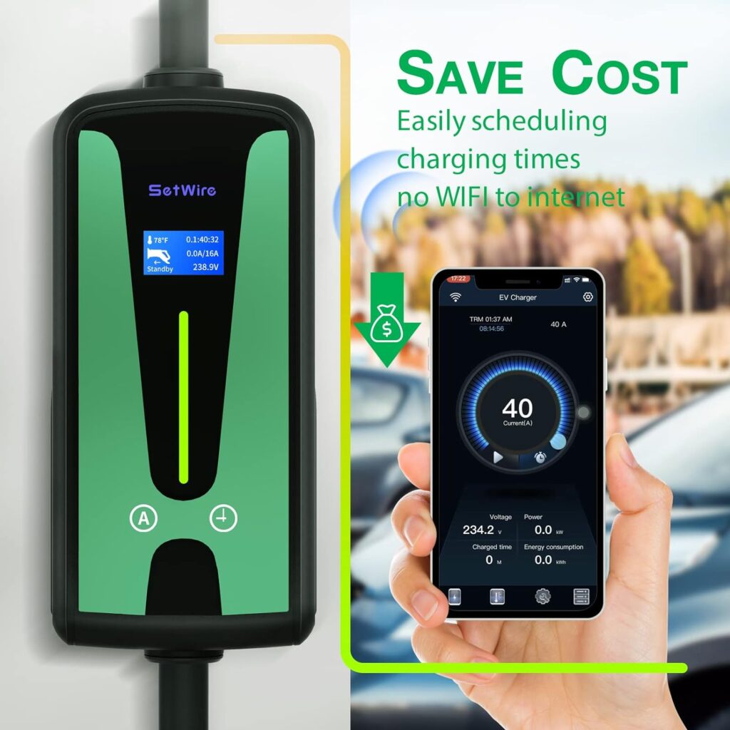 SetWire Level 2 EV Charger, 40 Amp Smart WiFi, 2 in 1 Wall Mount  Portable EV Charger, 110-240V, NEMA 14-50 Plug, 23-Foot Cable, Electric Vehicle Car Charging Stations