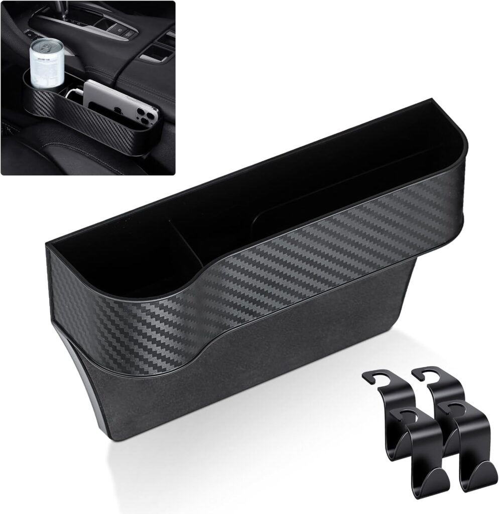 TUTUDOW Carbon Fiber Car Seat Gap Filler Organizer, Auto Console Side Storage Box, Car Organizer Front Seat for Holding Phone, Multifunctional Car Seat Organizer(Carbon Fiber Driver side+4 HOOK)