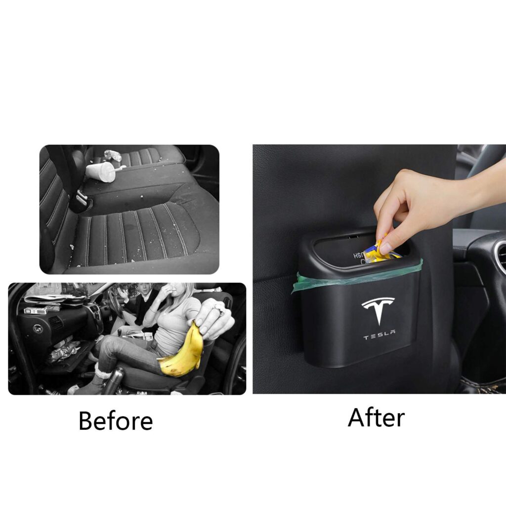 KIKIMO Tesla Trash Can with 8 Rolls of Garbage Bags, Mini Tesla Model 3/Y/S/X Accessories, Bin Storage Box, Leak-Proof Car Trash Can with Lid