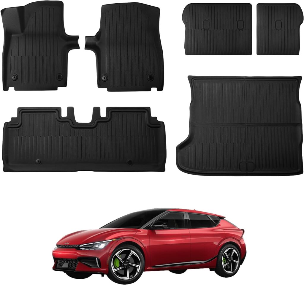 Ecarzo Floor Mats for Kia EV6 2022 2023 2024 Accessories All-Weather Front Rear Cargo Liner Full Set Heavy Duty Trunk Protection Backrest Mats (6 PCS)