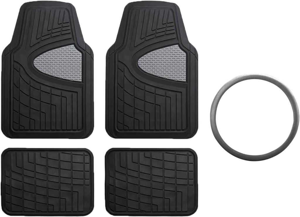 FH GROUP Car Seat Covers Premium Tall Channel Rubber Trimmable Floor Mats w. FH3001 Snake Pattern Silicone Steering Wheel Cover- Universal Fit for Trucks, SUVs, and Vans (Gray/Black) F11311