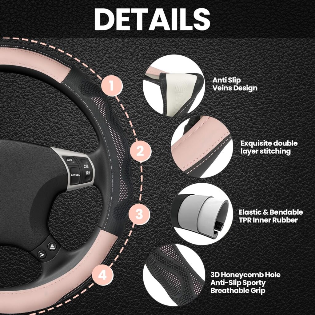 GSPSCN Steering Wheel Cover with 3D Honeycomb Hole Anti-Slip Sporty Breathable Grip, Microfiber Leather Auto Steering Wheel Protector, Odorless, Heat Resistant for Women Man Universal 15 inch (Pink)