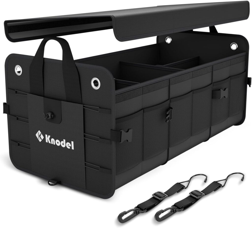 Knodel Car [trunk organizer], Foldable Cover, Heavy Duty Collapsible [car trunk] Storage Organizer, Car Cargo [trunk organizer] with Lid, 3 Compartments, with Straps (Black)